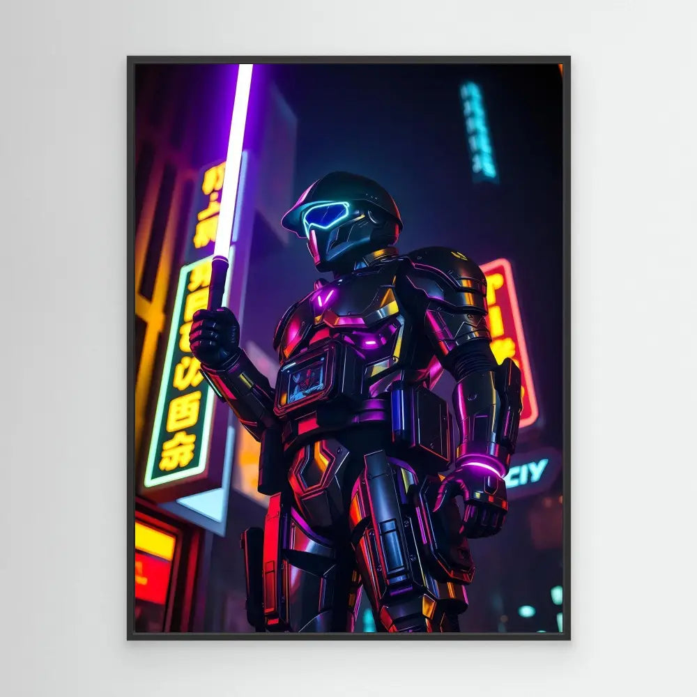 Futuristic armored warrior with glowing neon accents against a cyberpunk backdrop.