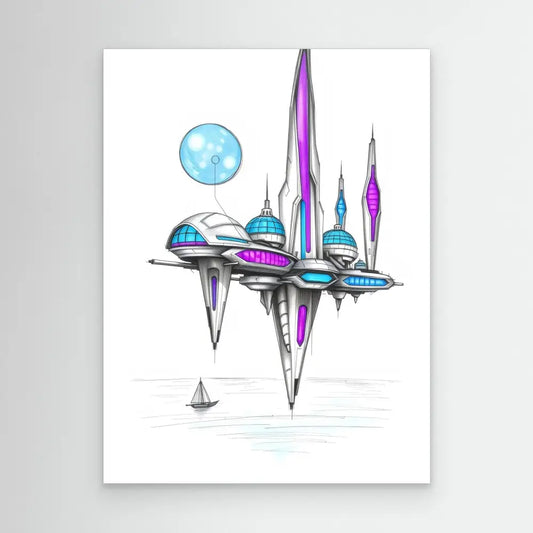 A futuristic floating city with domed structures and spires in purple and blue tones.