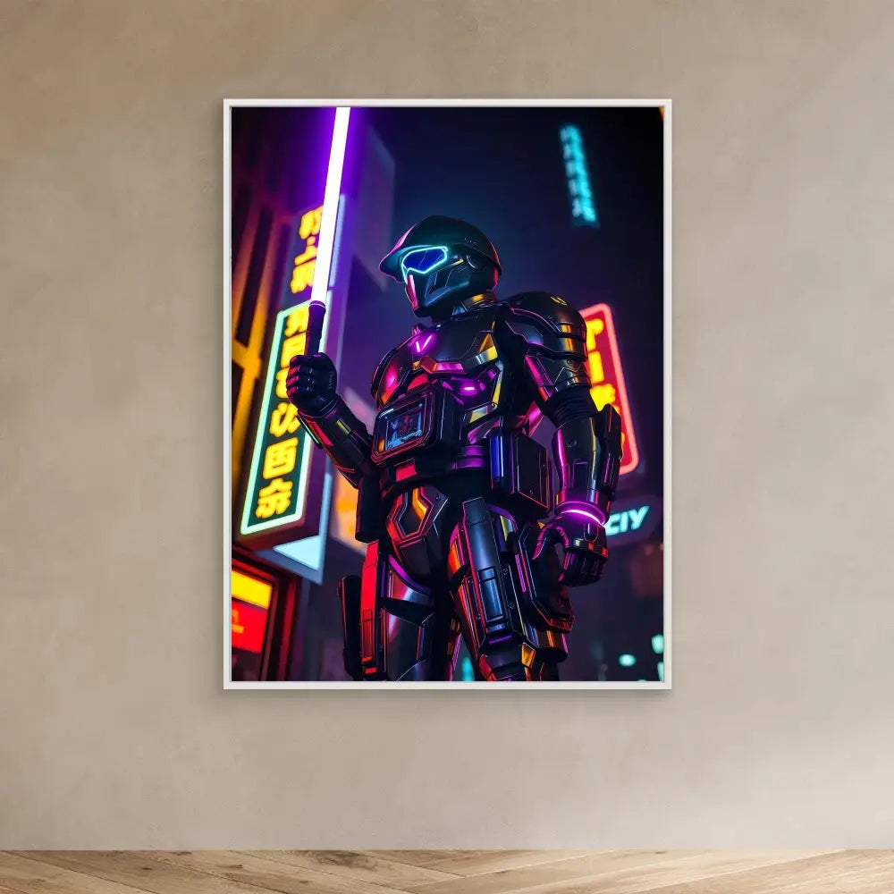 Futuristic robotic figure illuminated by neon lights and wearing sleek armor.