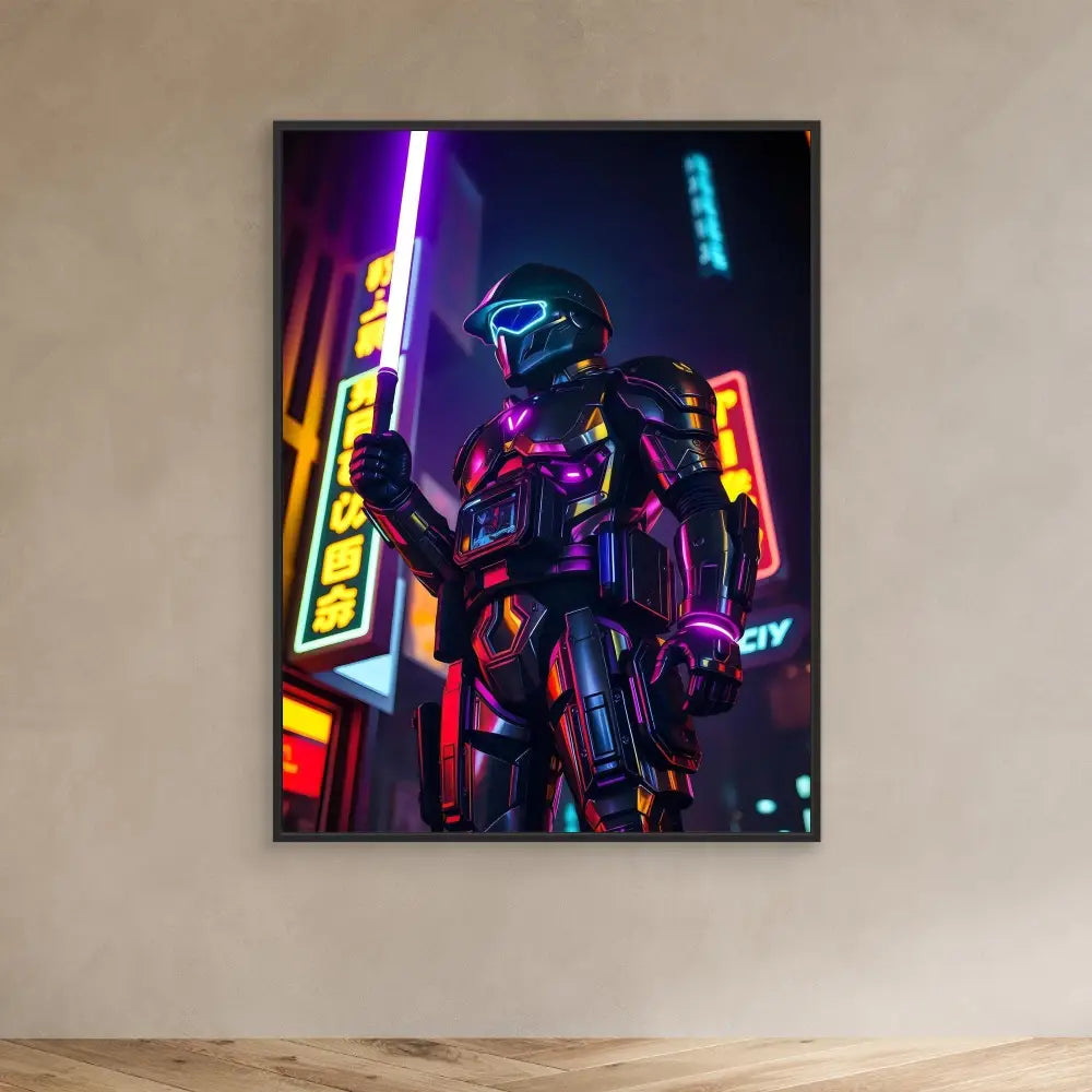 Futuristic robotic figure illuminated by neon lights and wearing high-tech armor.