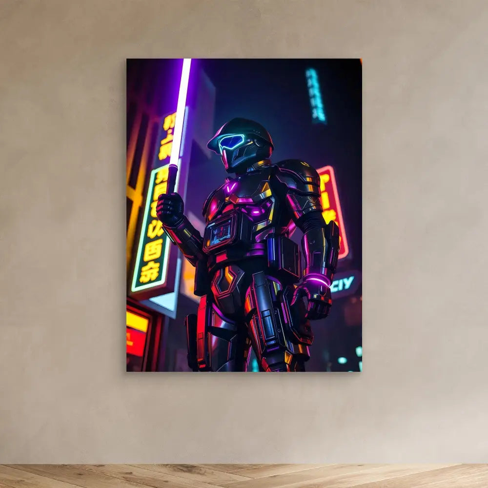 Futuristic robotic figure in neon-lit cyberpunk armor.