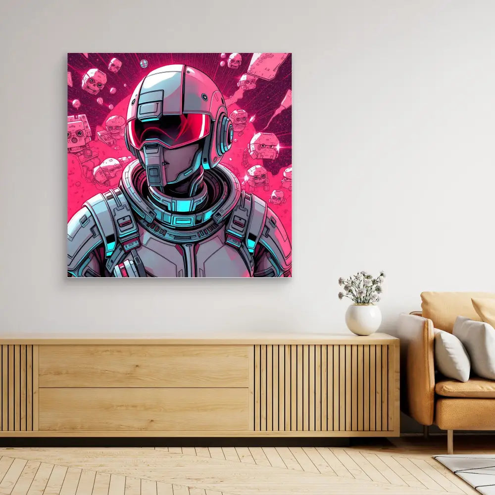 Futuristic sci-fi soldier artwork with glowing blue accents against a pink background.