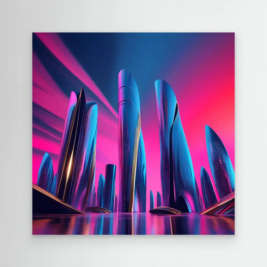 Futuristic skyscrapers with curved architecture reflecting neon blue and pink lighting.