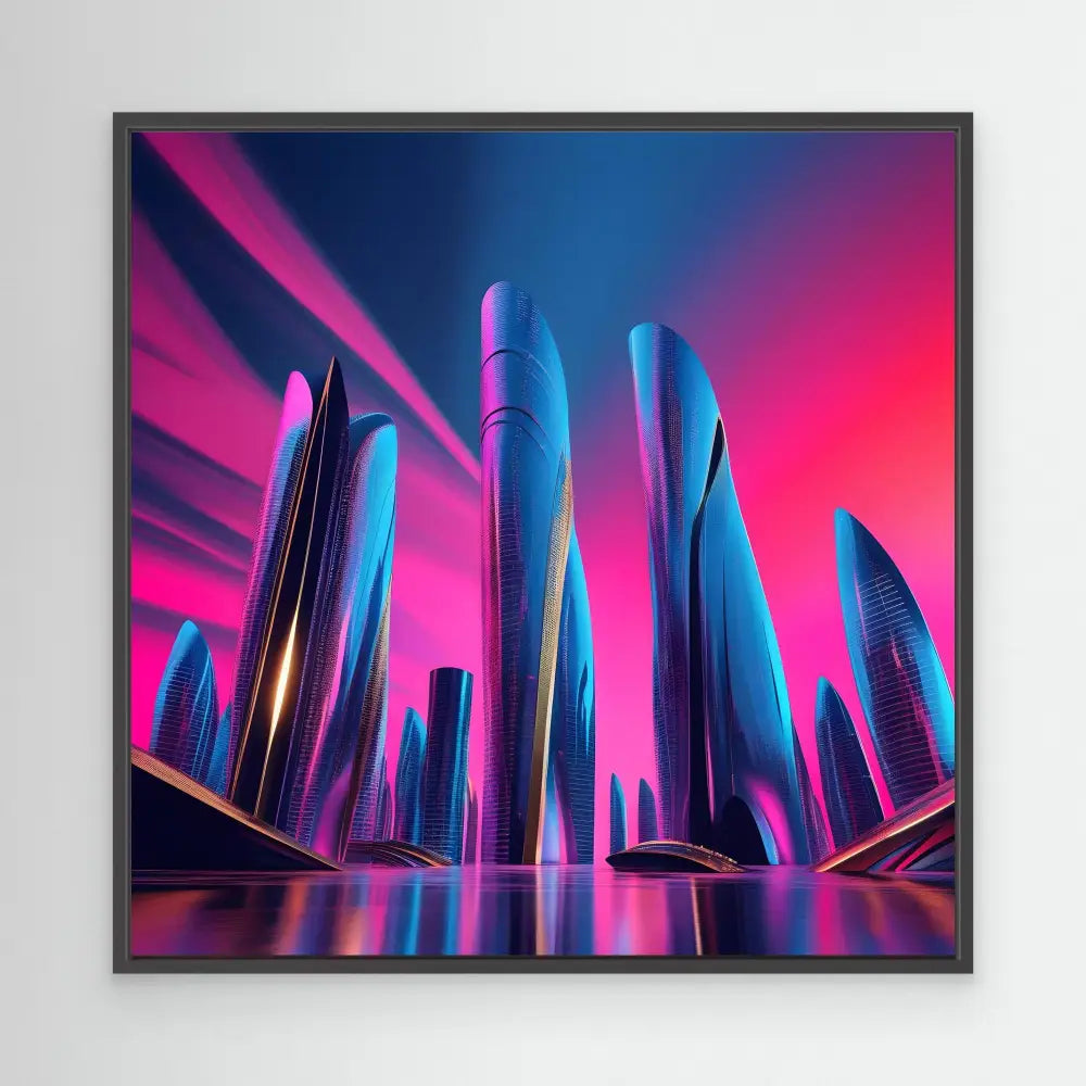 Futuristic skyscrapers with curved architecture reflecting neon blue and pink colors.