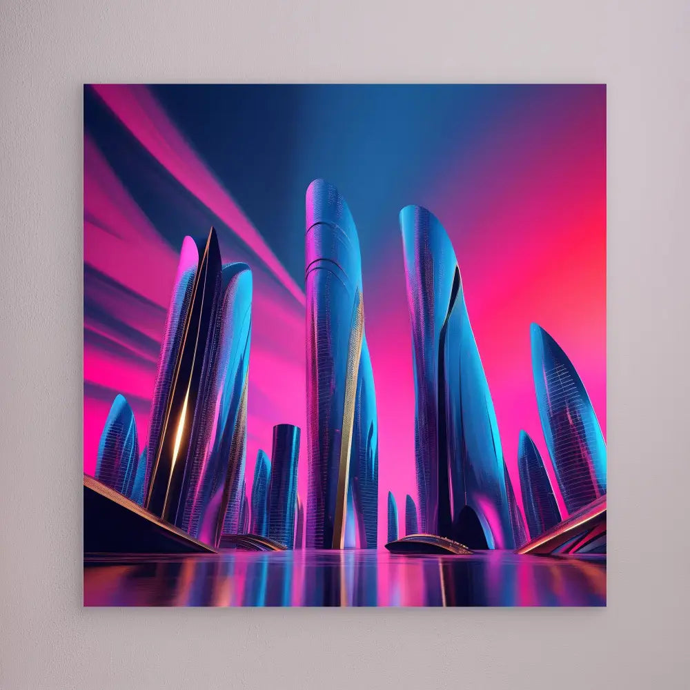 Futuristic skyscrapers illuminated in neon blue and pink colors.