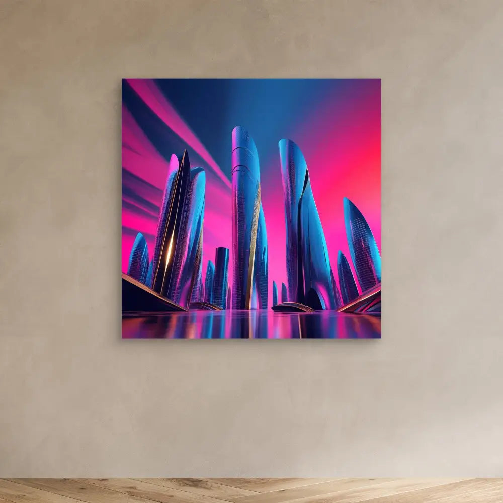 Futuristic skyscrapers illuminated in neon blue and pink colors.