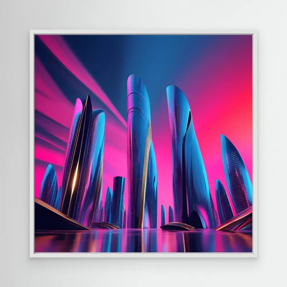 Futuristic skyscrapers with neon blue and pink lighting reflecting on water.