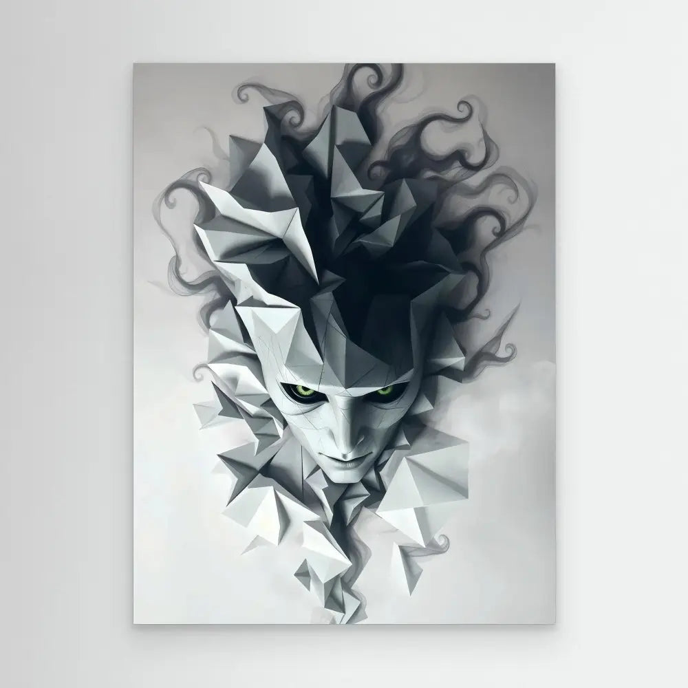 A geometric, angular face emerging from abstract swirling dark shapes.