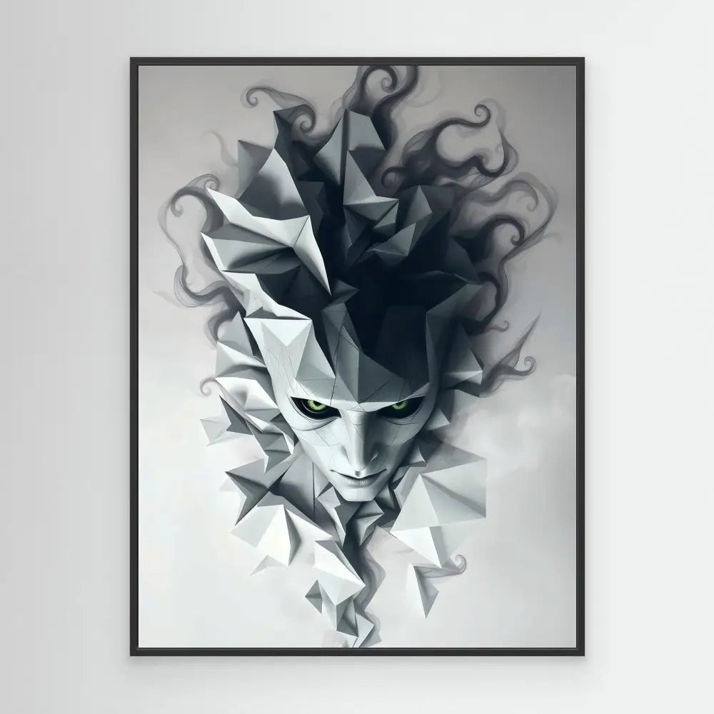 A geometric, angular face emerging from swirling dark smoke or shadows.