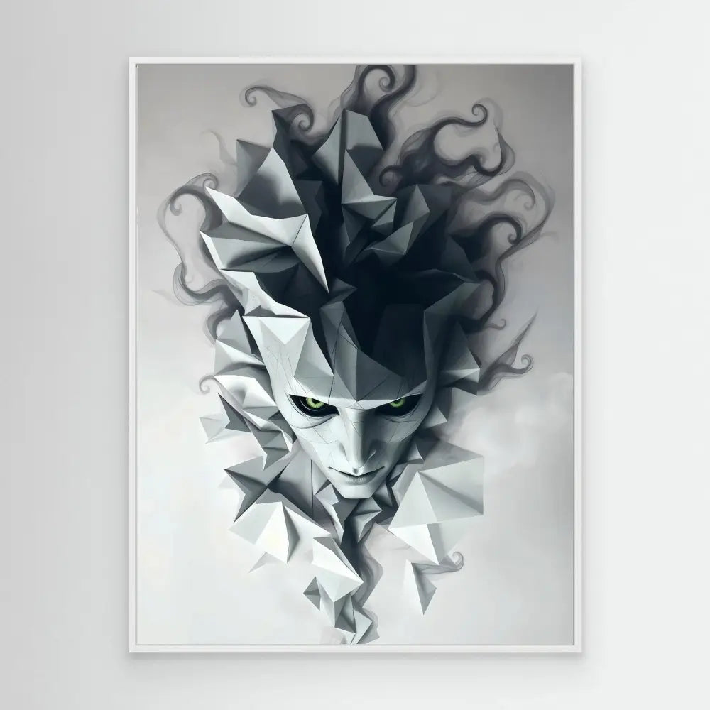 A geometric, angular face emerging from dark, swirling smoke-like tendrils.