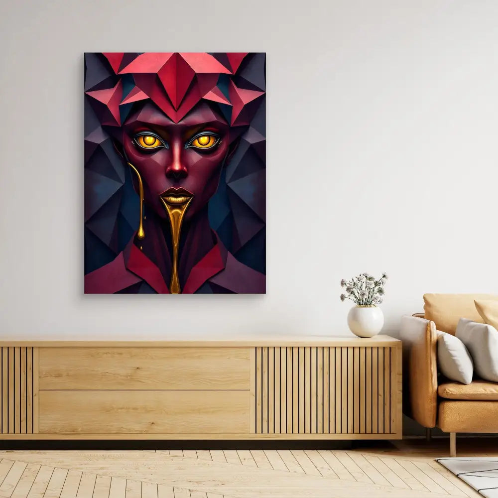 Striking geometric art piece featuring a red face with glowing yellow eyes against dark angular shapes.