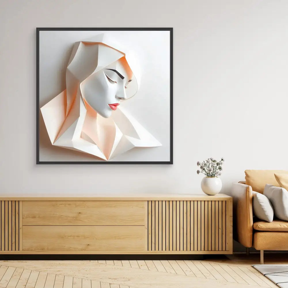 Geometric paper art portrait with red lips in a minimalist style.