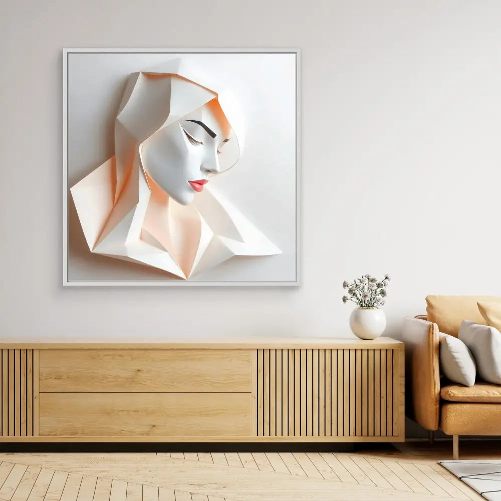 Geometric paper art portrait in white and peach tones with red lips.