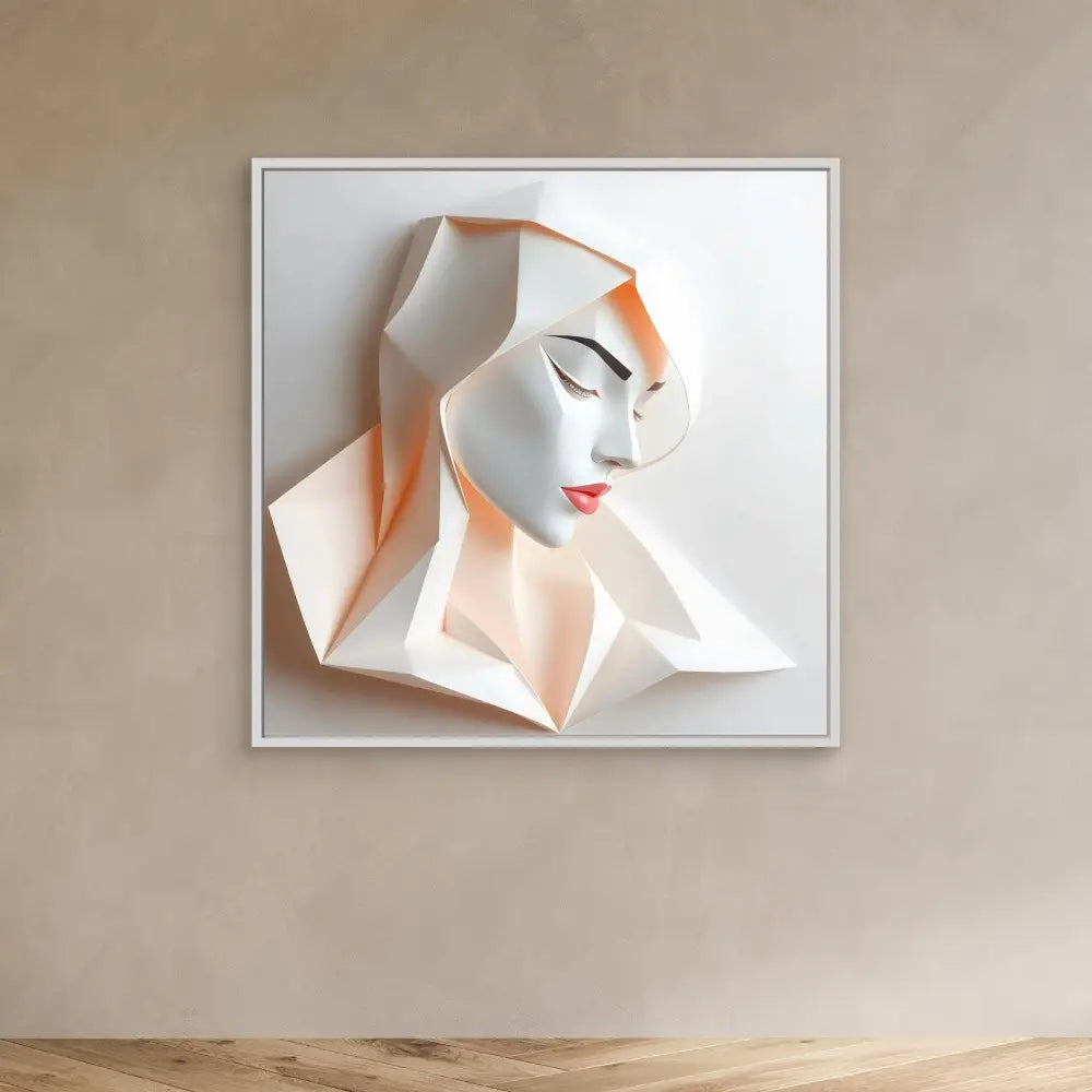 A geometric paper art sculpture of a profile with red lips in white and peach tones.