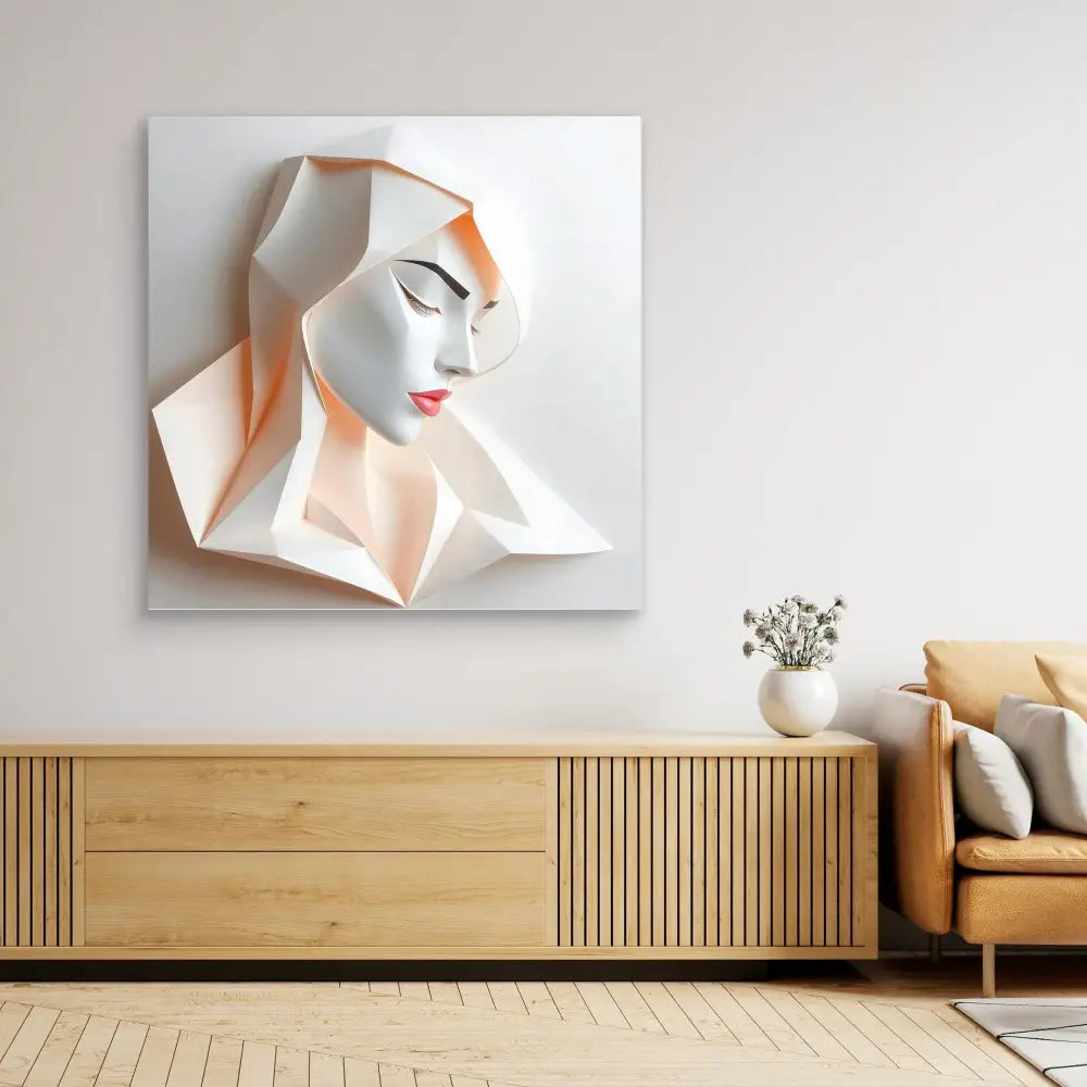 Geometric paper art sculpture of a profile with red lips and peach-colored accents.