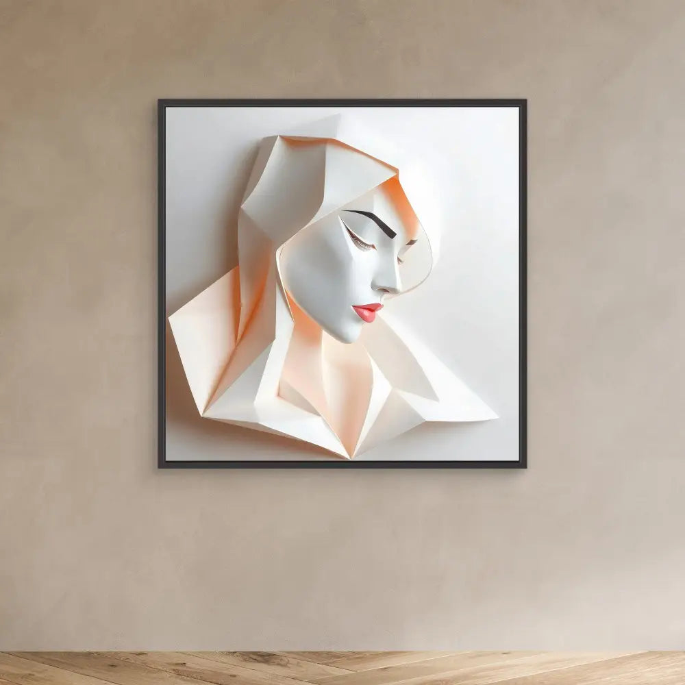 Geometric paper art sculpture of a profile portrait with peach and white tones.