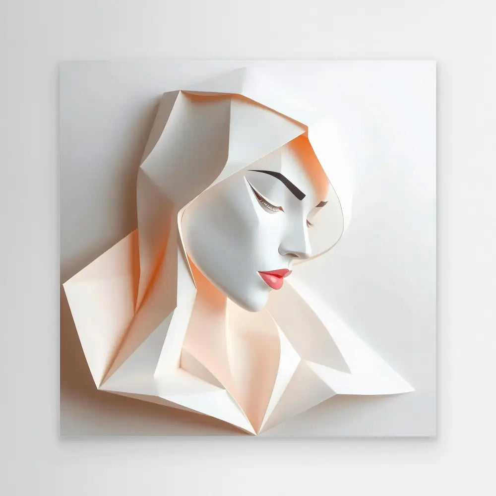 Geometric paper art sculpture depicting a serene profile with red lips and closed eyes.