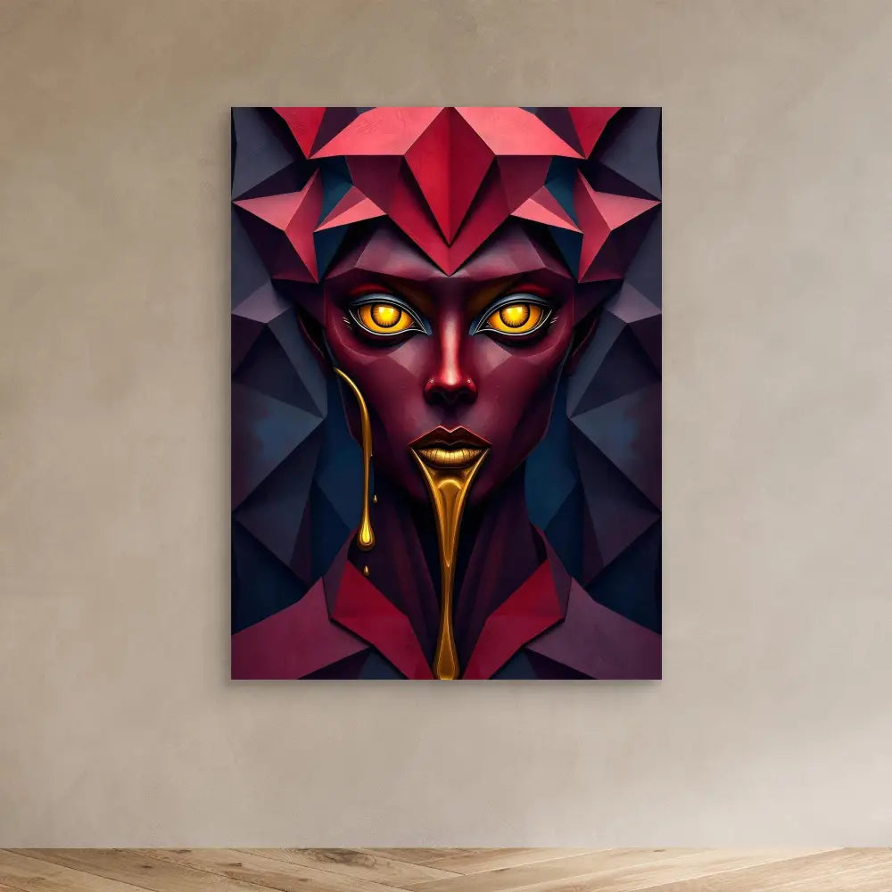 Striking geometric portrait with glowing yellow eyes and metallic gold dripping from crimson angular features.