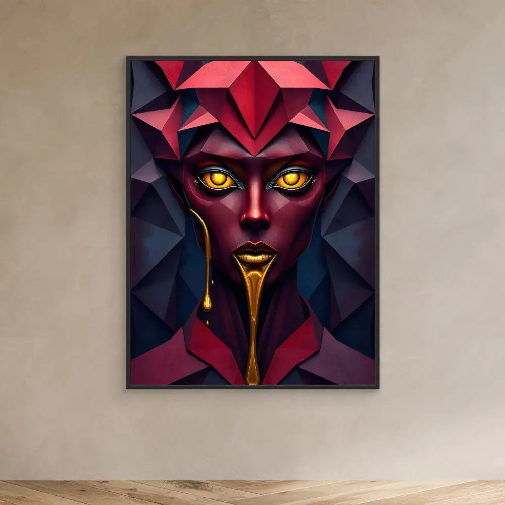 Geometric-styled portrait with glowing yellow eyes and deep red-burgundy angular features.