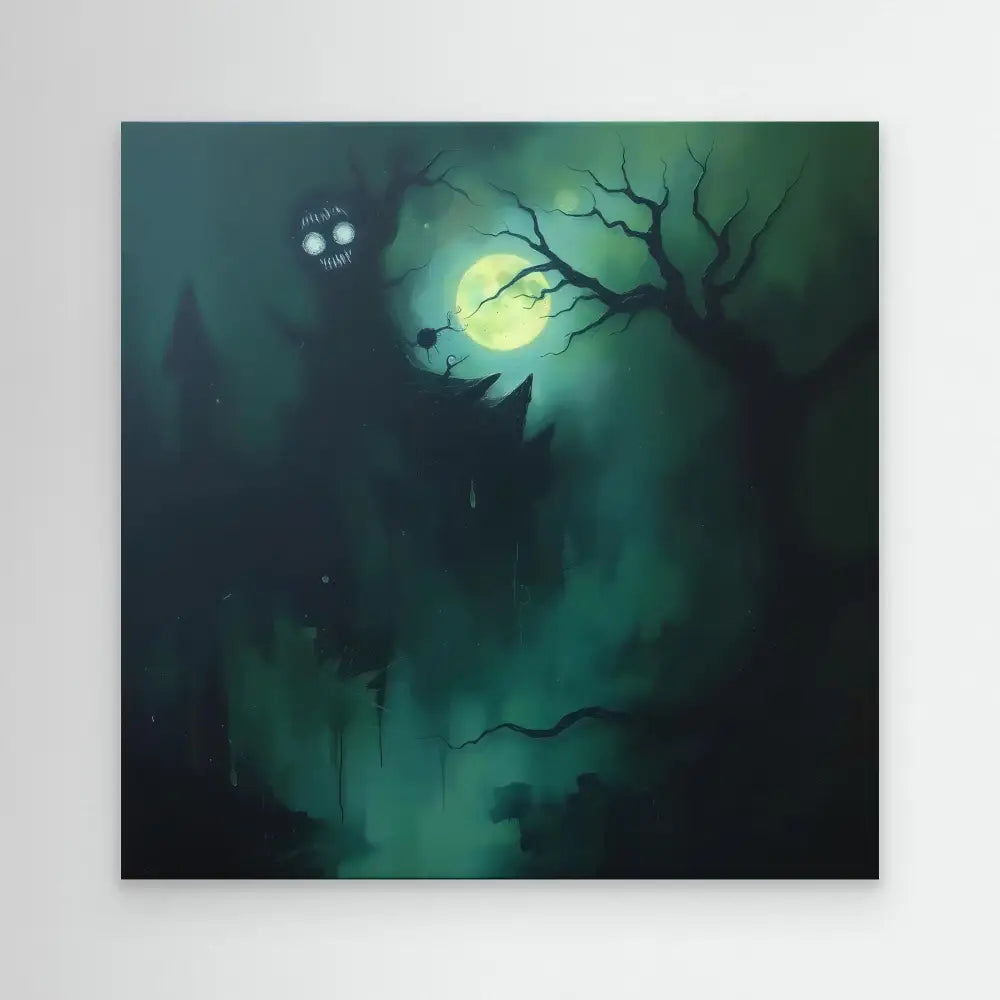 A glowing ghost with bright eyes floats in a misty forest.