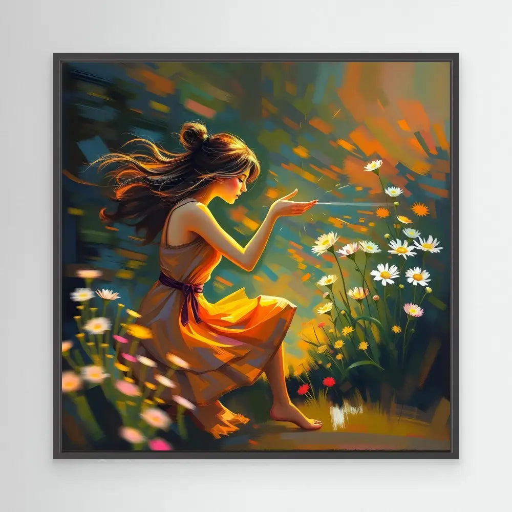 A girl in an orange dress blowing on dandelions in a field of daisies.