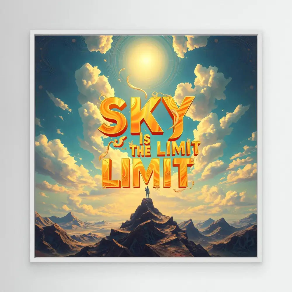 Golden 3D text reading ’SKY THE LIMIT’ floating against a cloudy sky.