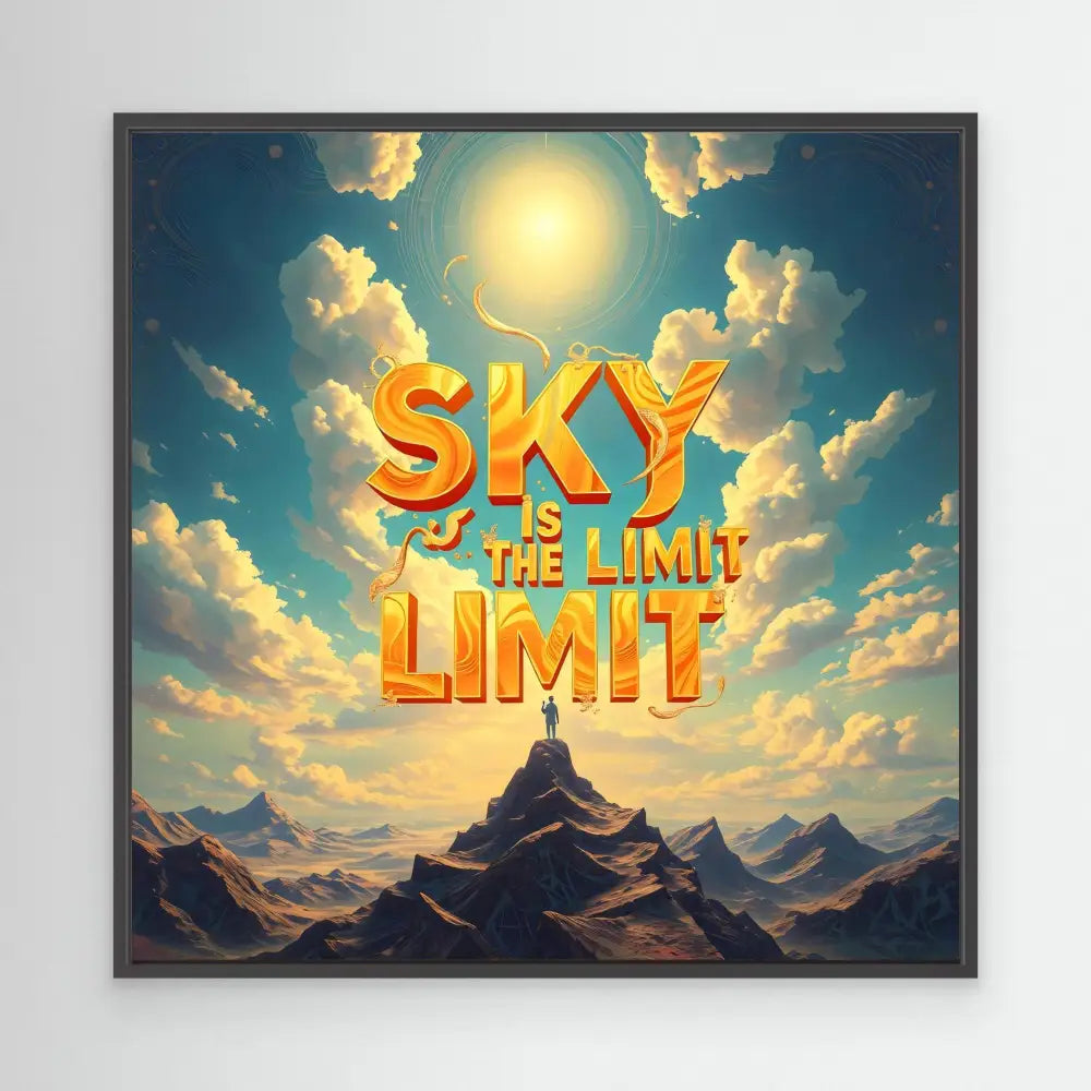 Golden 3D text reading ’SKY THE LIMIT’ floating against a cloudy sky.