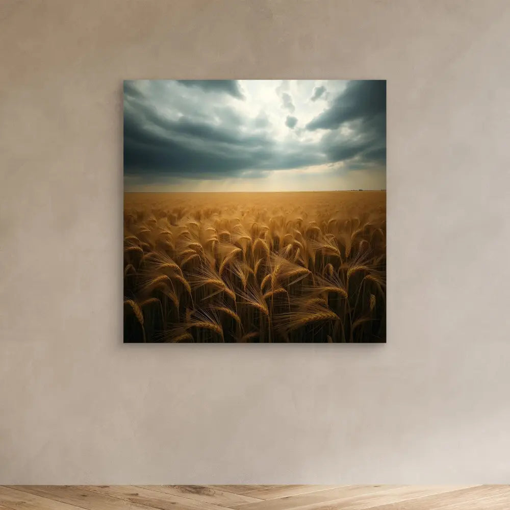 Golden wheat field under dramatic stormy clouds.