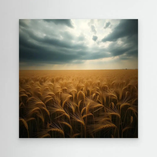 Golden wheat stalks swaying beneath dramatic storm clouds.