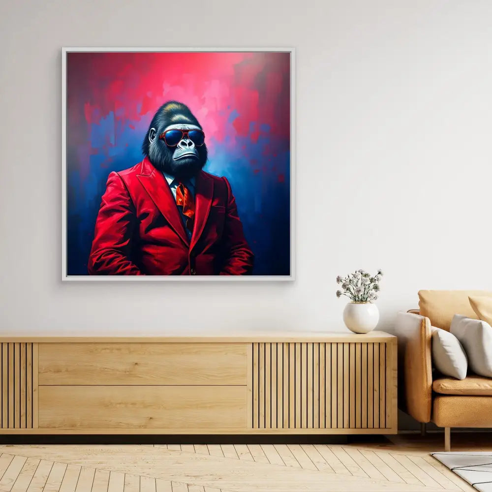 A gorilla wearing a bright red suit jacket against a blue and red backdrop.