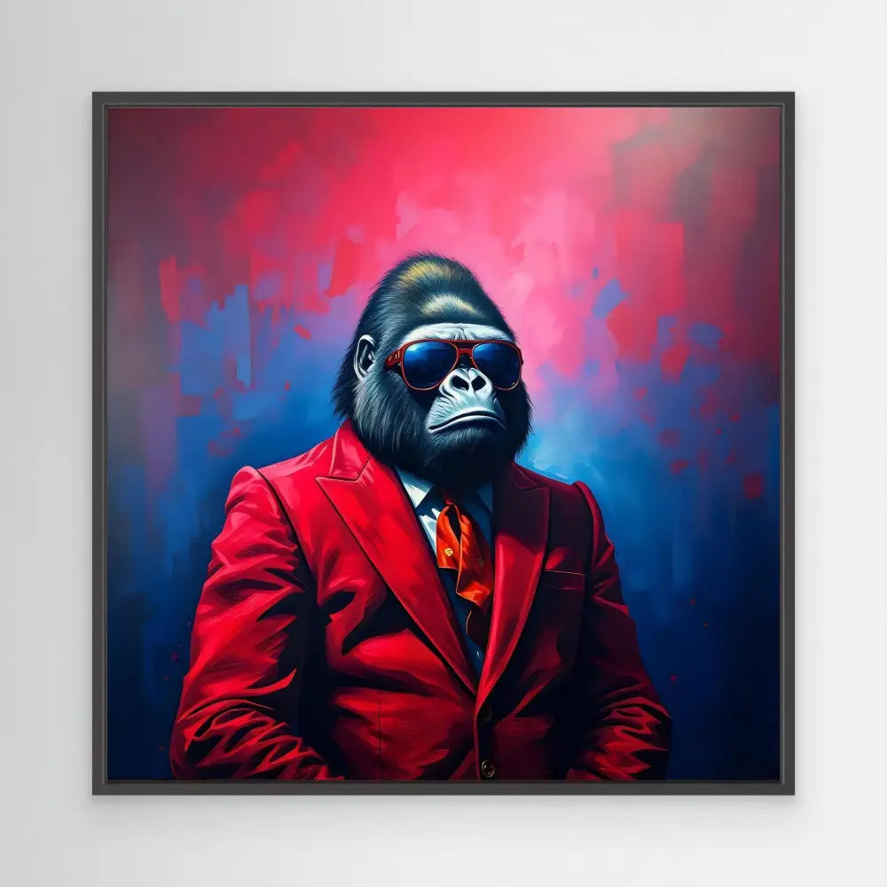 A gorilla wearing a red business suit and tie.