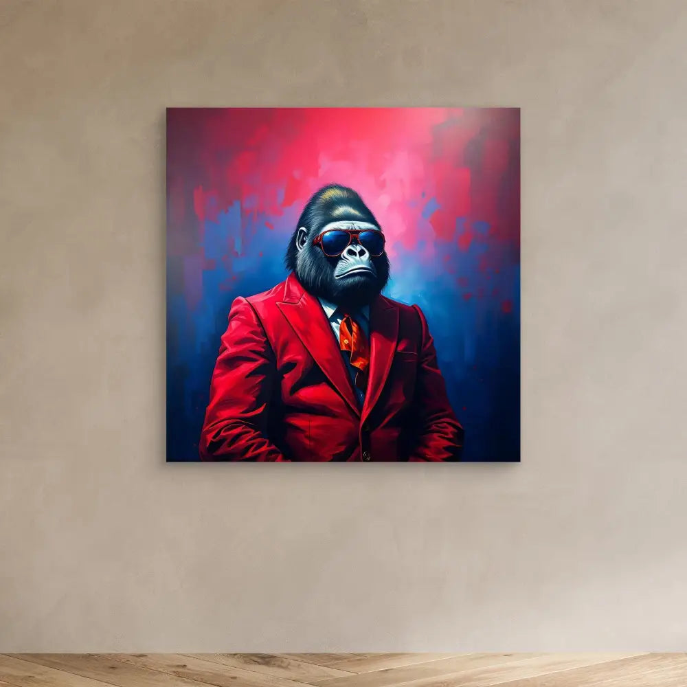 A gorilla wearing a red suit jacket and orange tie against a colorful backdrop.