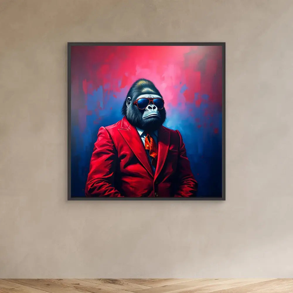 A gorilla wearing a red suit and orange tie against a red and blue backdrop.