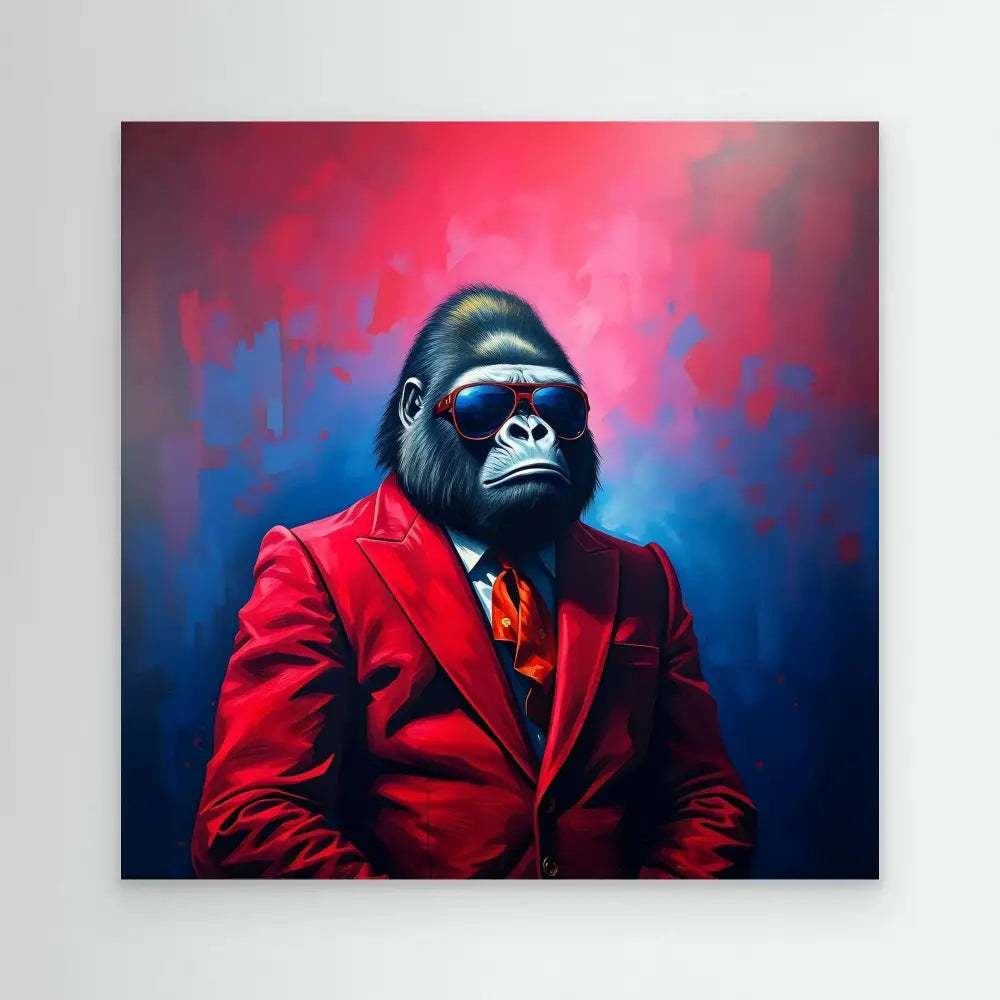 A gorilla wearing a red suit and tie with sunglasses.