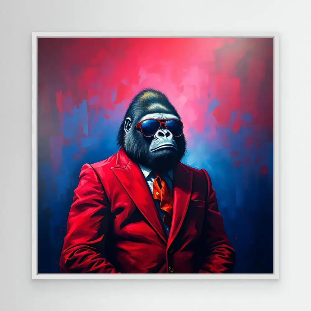 Gorilla wearing sunglasses and a red suit jacket.