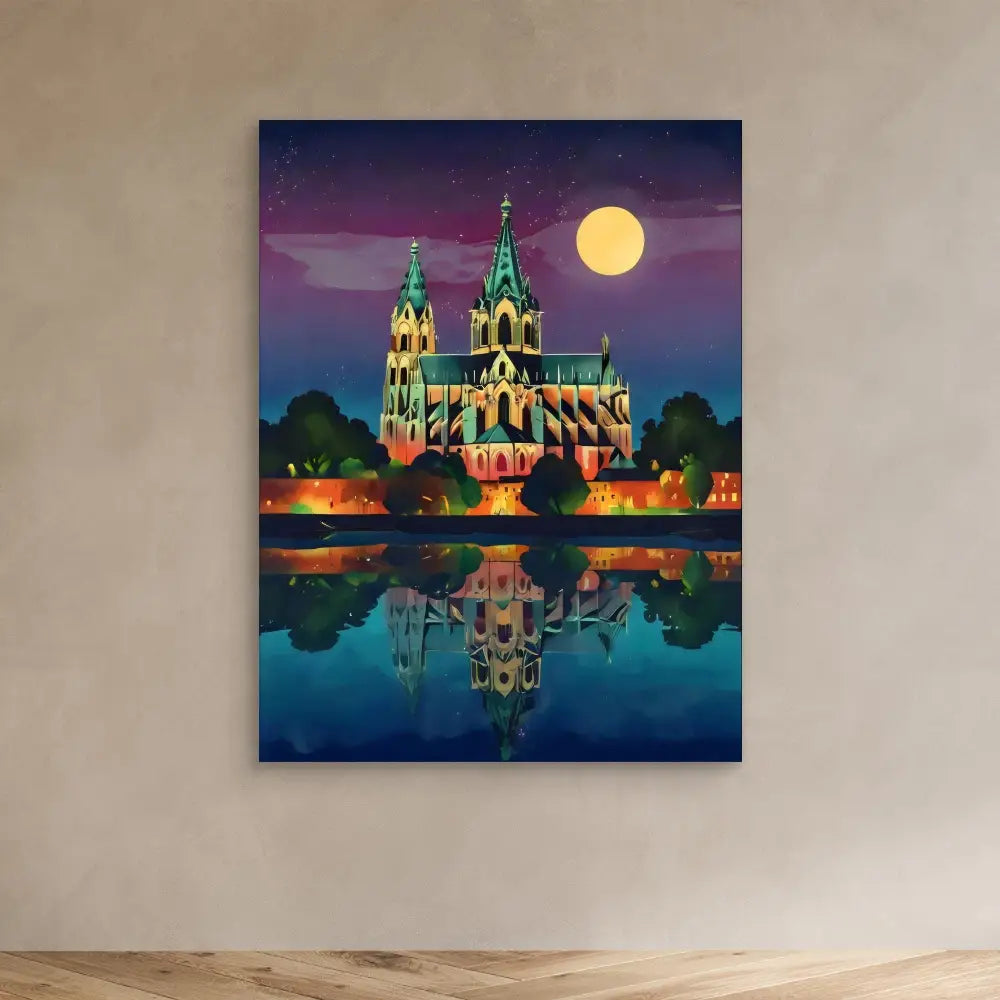 Gothic cathedral with green spires reflected in still water under a full moon.