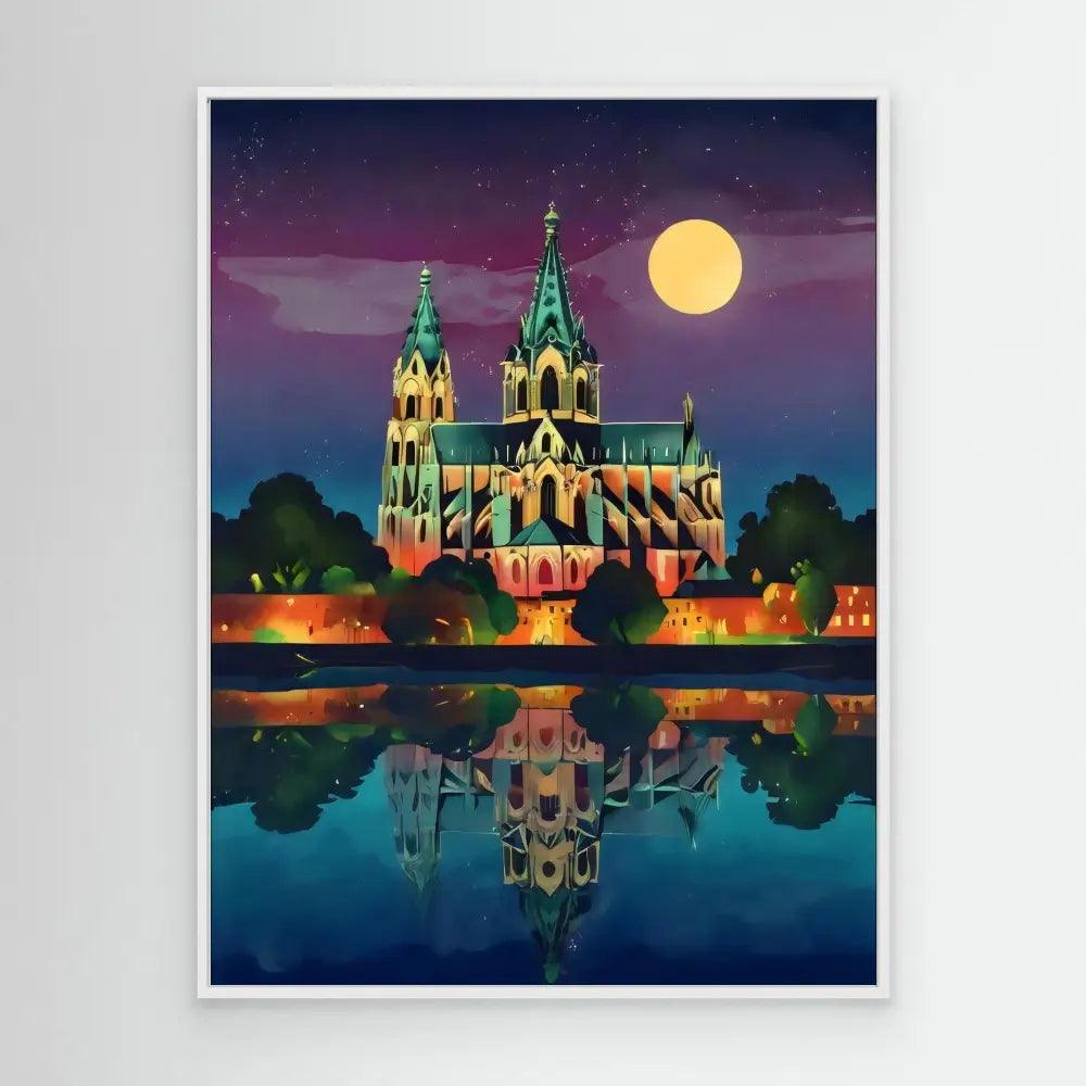 Gothic cathedral with twin spires illuminated at night with a perfect reflection in still water.