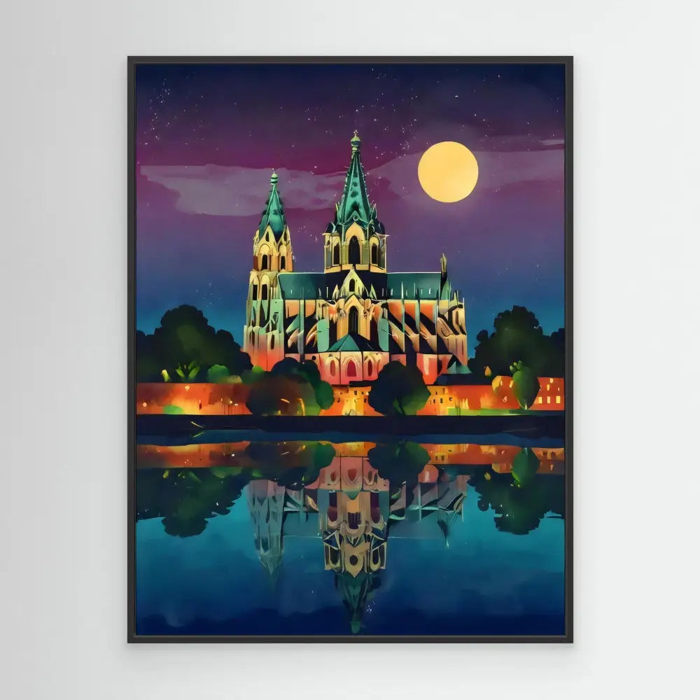 Gothic cathedral with twin spires reflected in still water.