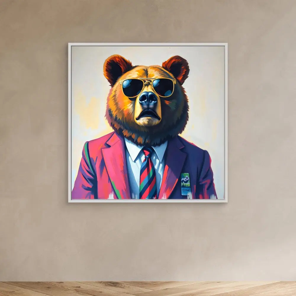 A grizzly bear wearing sunglasses, a red blazer, dress shirt and striped tie in a portrait-style painting.