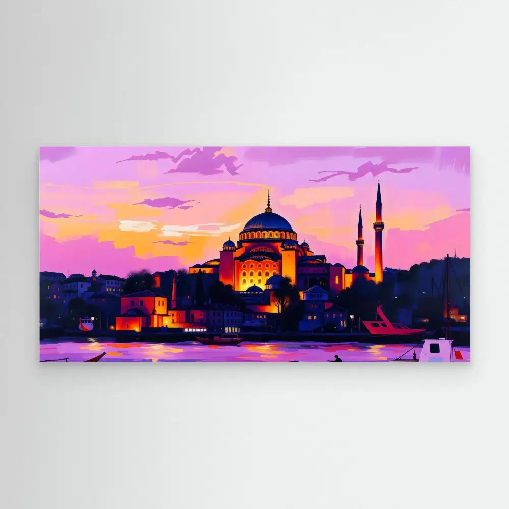 Hagia Sophia mosque with its iconic dome and minarets against a vibrant sunset sky.