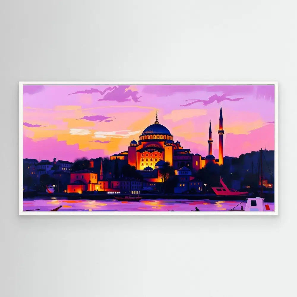 Hagia Sophia mosque illuminated against a vibrant purple-orange sunset sky.