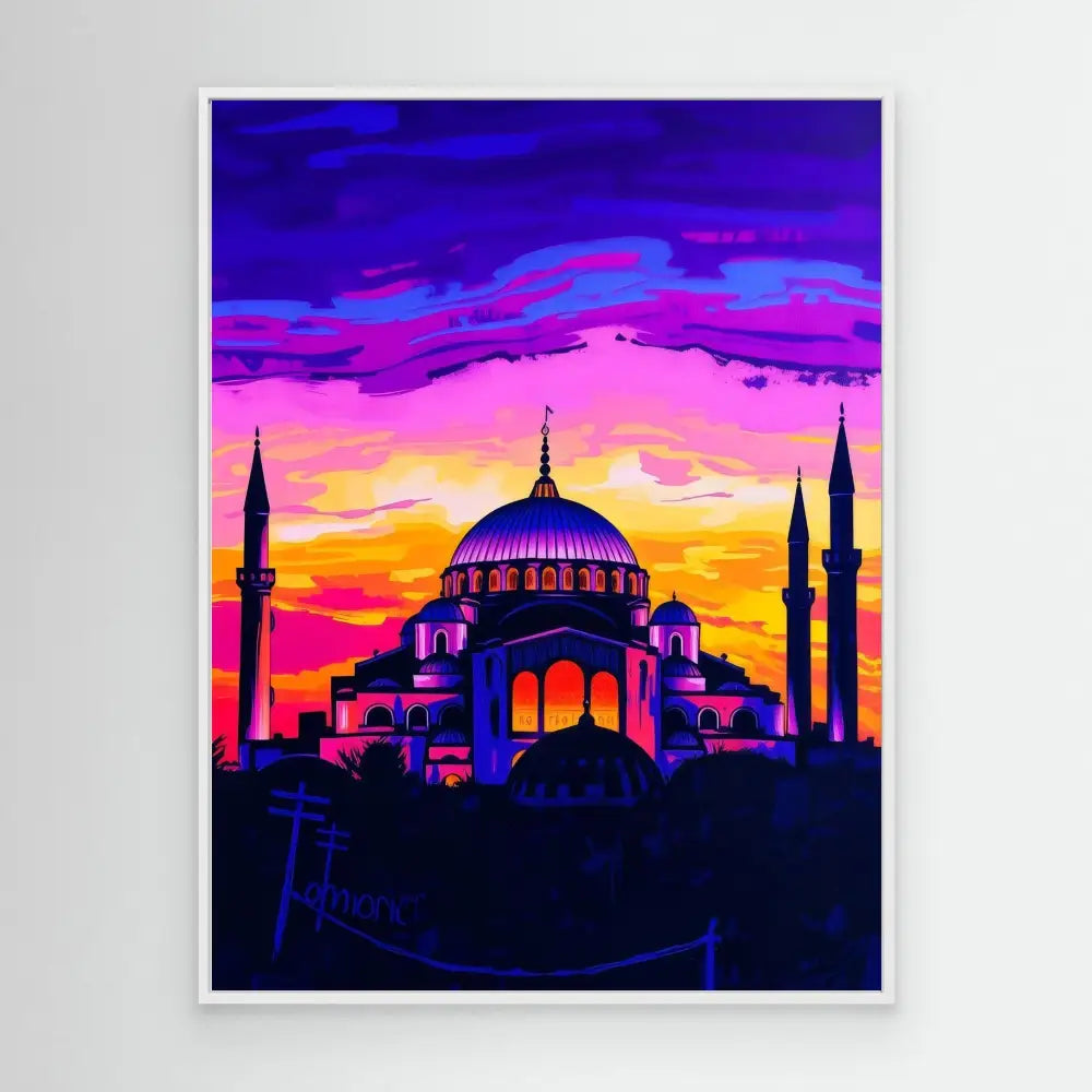 Hagia Sophia mosque silhouetted against a vibrant purple and orange sunset sky.