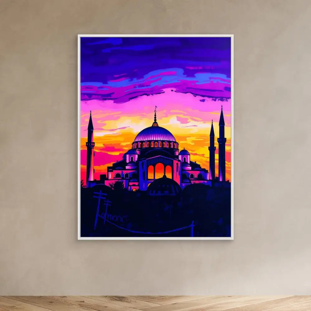 Hagia Sophia mosque silhouetted against a vibrant purple and orange sunset sky.