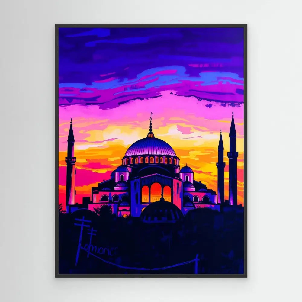 Hagia Sophia mosque silhouetted against a vibrant sunset sky.