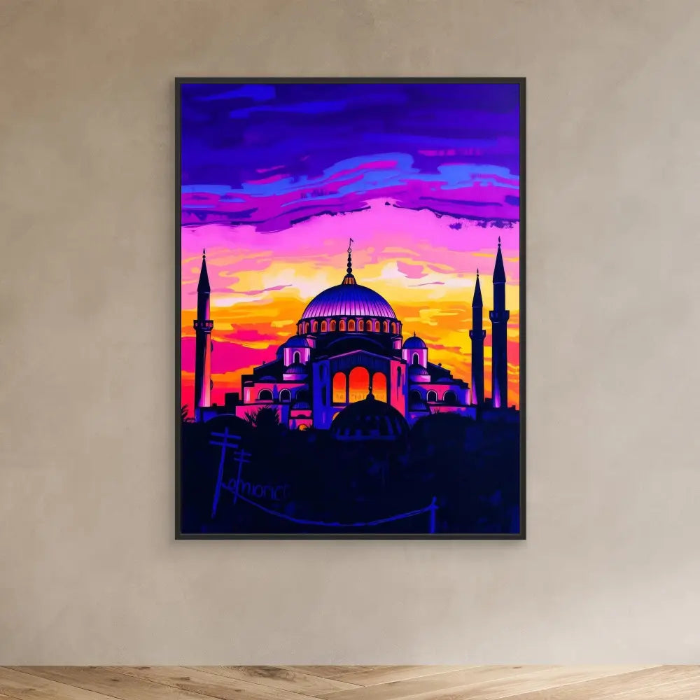 Hagia Sophia mosque silhouetted against a vibrant purple and orange sunset sky.