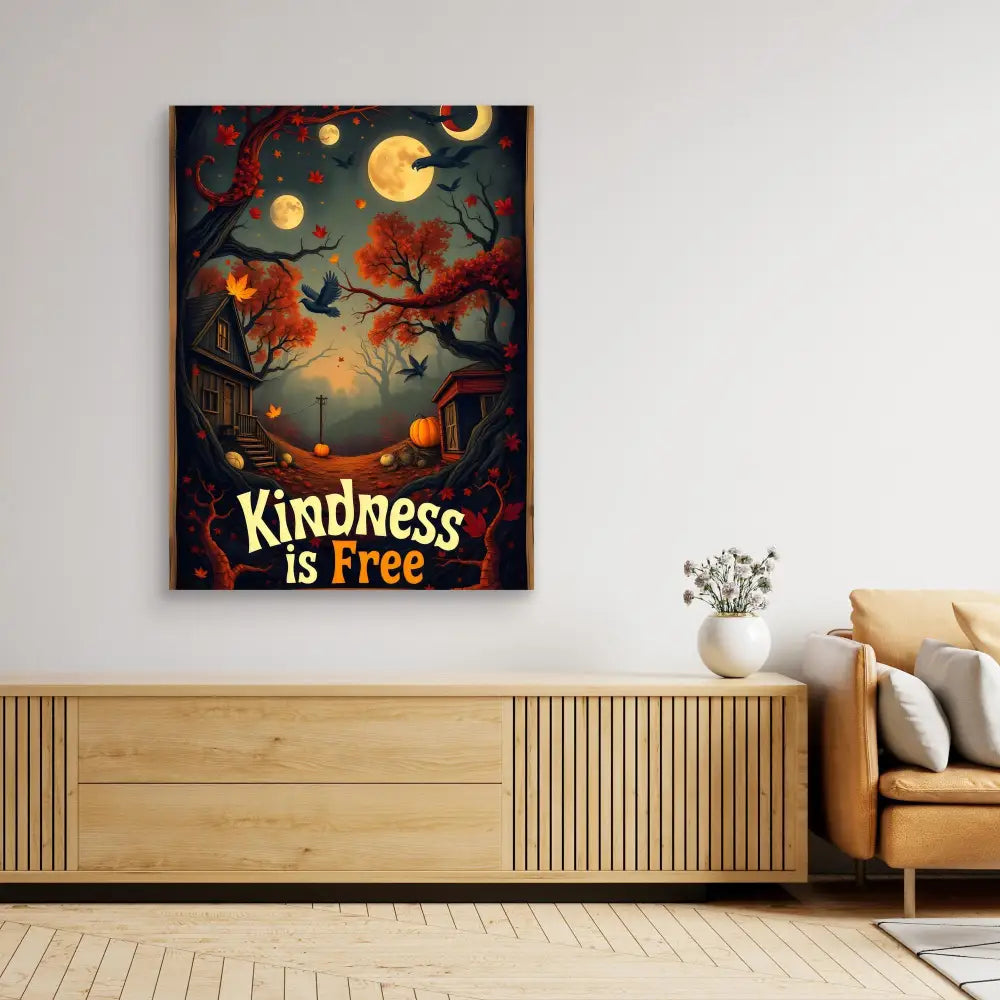 A Halloween-themed wall art featuring autumn trees, moons, and the text ’Kindness is Free’ against a dark atmospheric background.