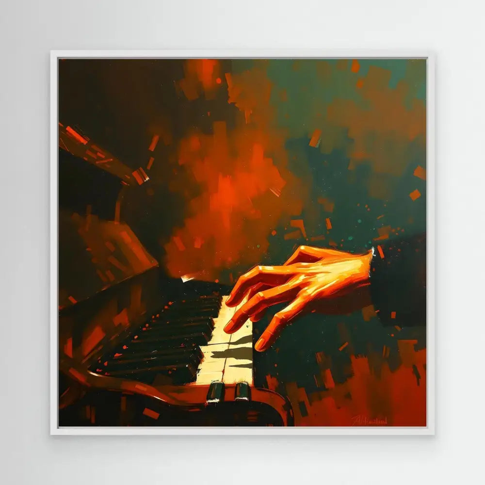 A hand playing piano keys in dramatic lighting with orange and teal tones.