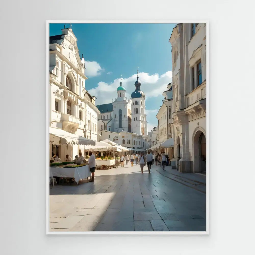 A historic European church with twin blue-domed towers along a cobblestone street.