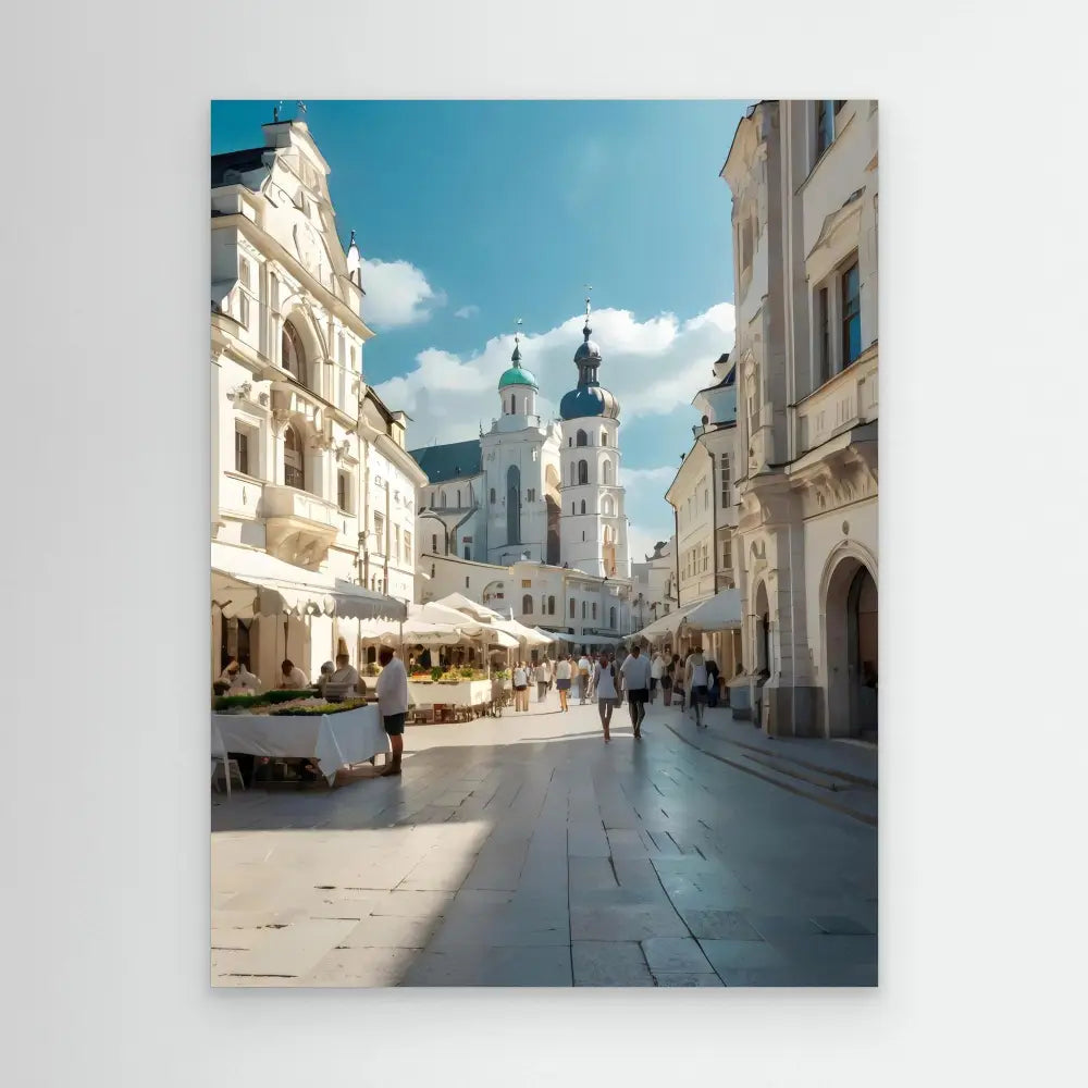 A historic European city street with baroque church towers and white buildings.