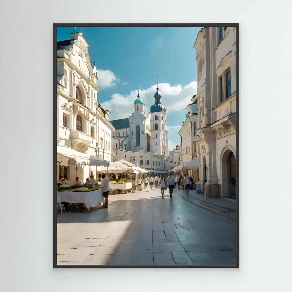 A historic European street with ornate Baroque church towers and white buildings.